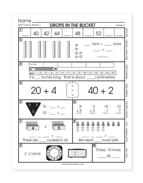 Sample page from 1st Grade Digital Drops in the Bucket Math Book 5 featuring telling time, fact families, addition and subtraction story problems, and ten more ten less practice.