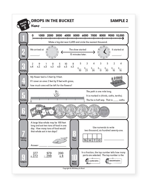 Sample page from 3rd Grade Digital Drops in the Bucket Math Book 9 featuring fractions, area, real-world problem solving, computation, and daily math review activities.