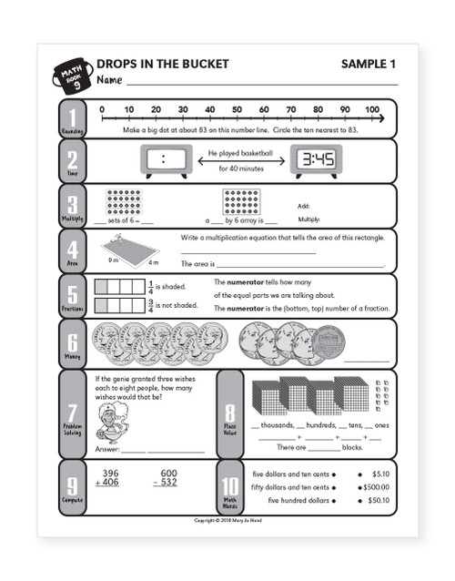 Sample page from 3rd Grade Digital Drops in the Bucket Math Book 9 featuring rounding, place value, multiplication, money, time, computation, and math vocabulary practice.