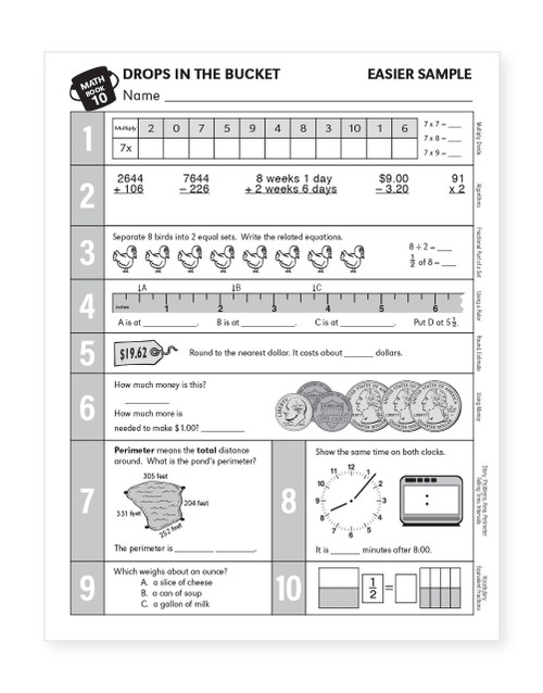Sample page from 3rd Grade Digital Drops in the Bucket Math Book 10 featuring multiplication, division, rounding, estimating, money, and time interval practice.