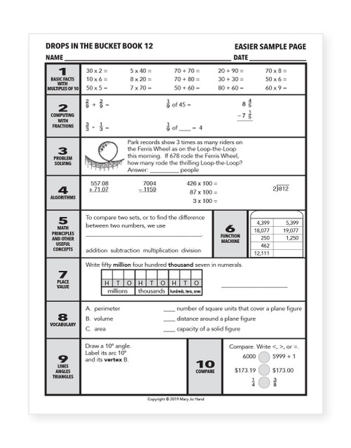 Sample page from 4th Grade Digital Drops in the Bucket Math Book 12 featuring place value, algorithms, fractions, decimals, function machines, and computation practice.
