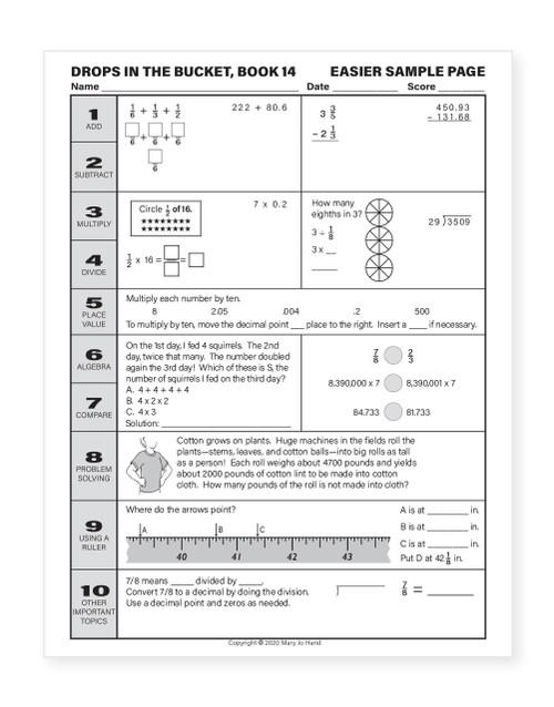 Sample page from 5th Grade Digital Drops in the Bucket Math Book 14 featuring basic facts, place value, fraction multiplication, fraction division, computation, and algebra practice.