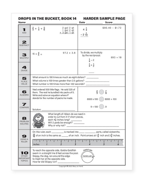 Sample page from 5th Grade Digital Drops in the Bucket Math Book 14 featuring statistics, probability, graphing, geometry, measurement, money, time, prime numbers, and problem-solving activities.