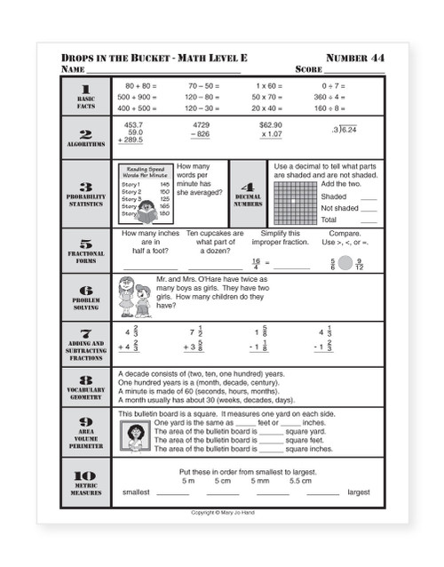 Sample page from Digital Drops in the Bucket Math Level E featuring probability, statistics, area, perimeter, volume, metric measurement, geometry, and problem-solving activities.