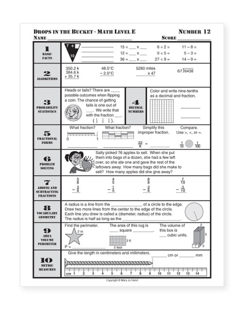 Sample page from Digital Drops in the Bucket Math Level E featuring basic facts, algorithms, decimal numbers, equivalent fractions, and computation practice.