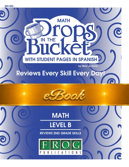 Cover of Digital Drops in the Bucket Math Level B Spanish Edition featuring Spanish student pages for daily review of 2nd grade math skills.