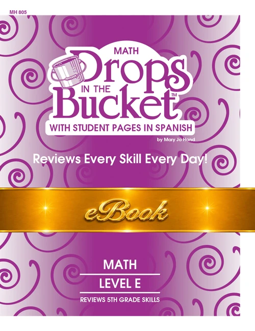 Cover of Digital Drops in the Bucket Math Level E Spanish Edition featuring Spanish student pages for daily review of 5th grade math skills.