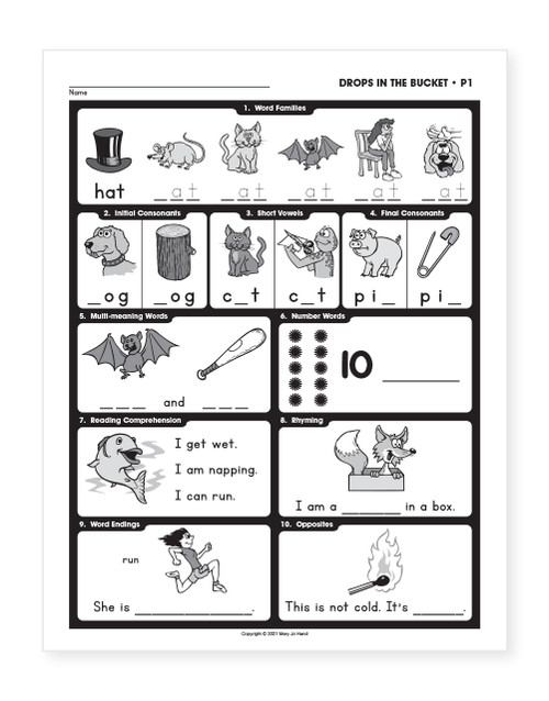 Sample pages from the Reading Level P Workbook showing reading and literacy practice for Kindergarten and Grade 1 students.