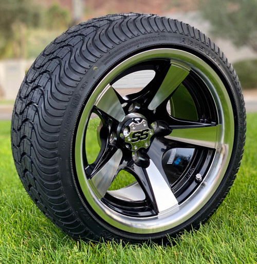 12" BULLITT Machined / Black Golf Cart Wheels and Low Profile Tires Combo