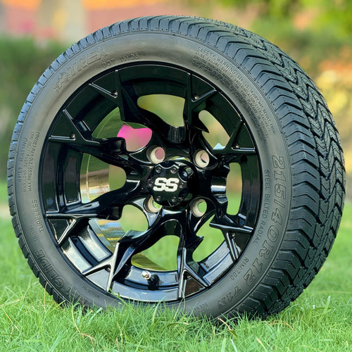 12" VULCAN Gloss Black Aluminum Wheels and 215/40-12 Low Profile DOT Tires Combo - Set of 4