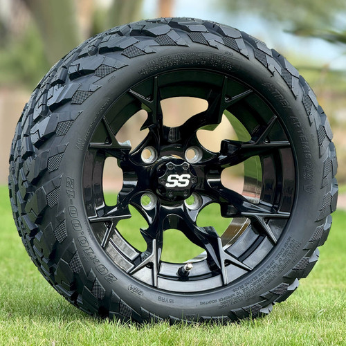 12" VULCAN Gloss Black Wheels and 20x10-12" ARTEMIS STX DOT All Terrain Tires