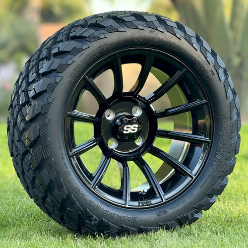 14" TITAN Gloss Black Aluminum Wheels and 23x10-14 ARTEMIS STX DOT All Terrain Tires Combo