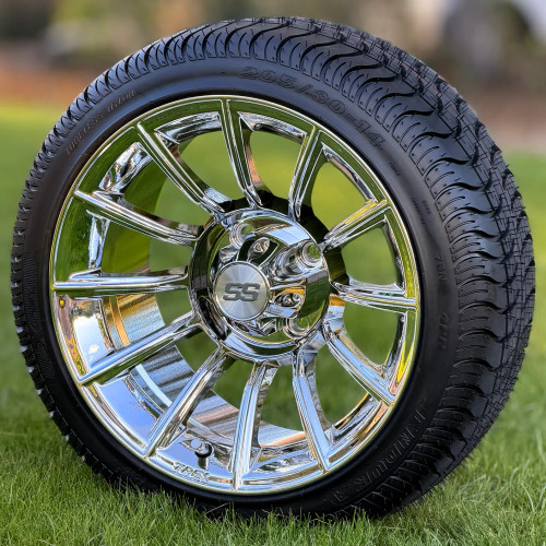 14" TITAN Chrome Golf Cart Wheels and 205/30-14 Low Profile DOT Tires Combo