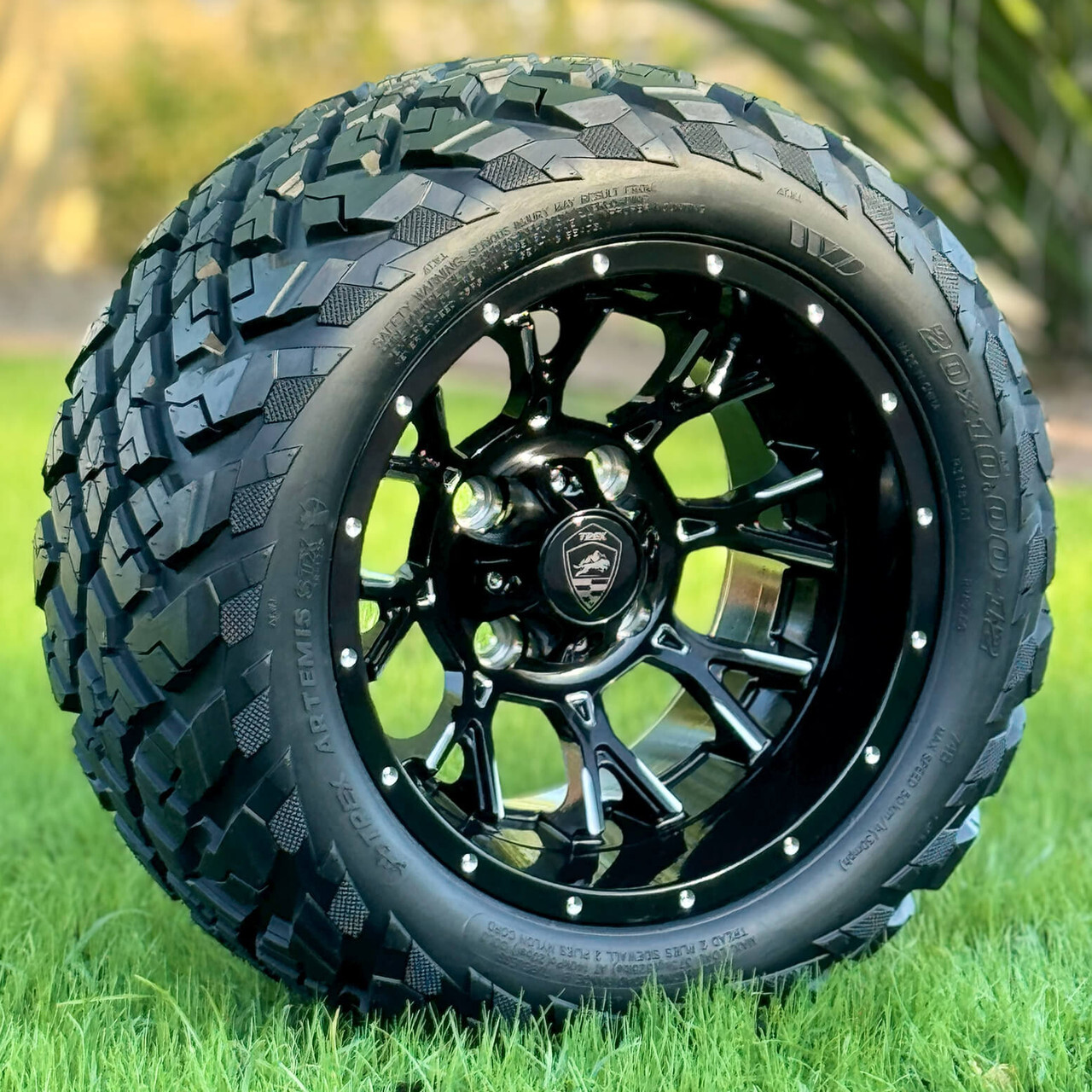 TREX SPARTAN 12 inch Golf Cart Wheels and 20 inch All Terrain Tires TREX Spartan Golf Cart Wheels and Tires in the Grass