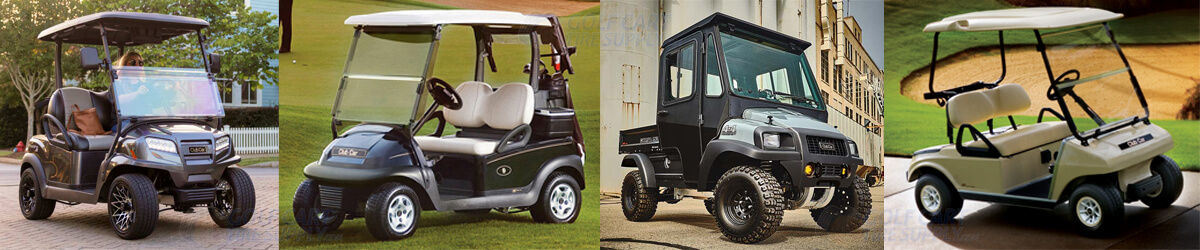 Various Club Car Models including DS, Onward, Precedent and XRT