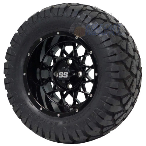 12" VENOM Gloss Black Wheels and 22x10.5-12 STINGER DOT All Terrain