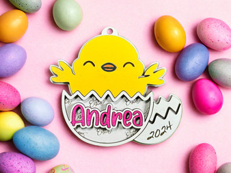 A charming, made-to-order Easter chick name badge, custom Easter name tag displaying a sunny yellow chick mid-hatch,