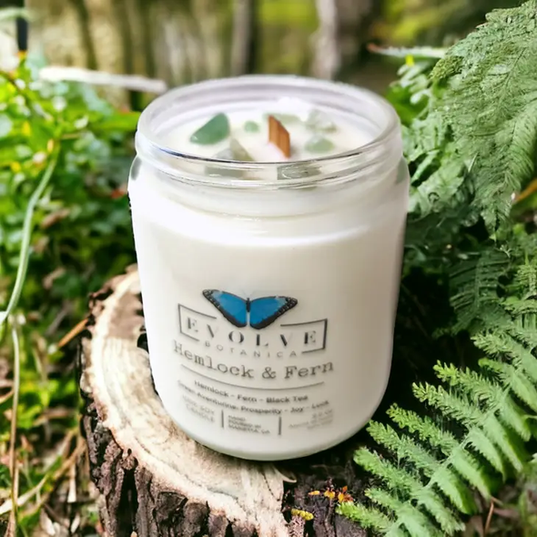 Wood Wick Crystal Soy Candle - Hemlock & Fern (Aventurine) Evolve Botanica