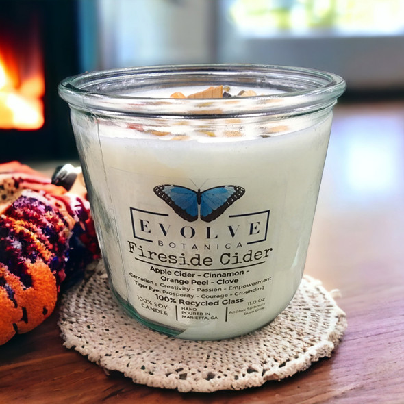 Evolve Botanica Rocks Candle - Fireside Cider (Wood Wick Carnelian & Tigers Eye Gemstone Soy Candle)