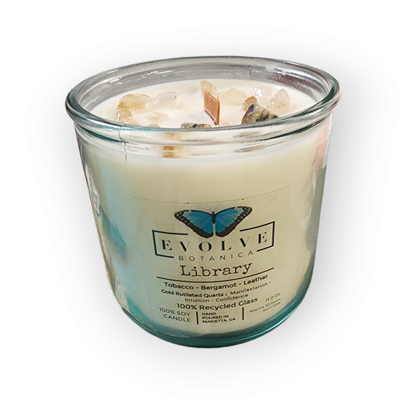 Evolve Botanica Rocks Candle - Library (Wood Wick Gold Rutilated Quartz Gemstone Soy Candle)