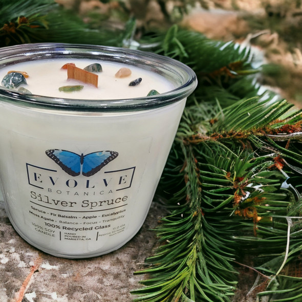 Evolve Botanica Rocks Candle - Silver Spruce (Wood Wick Moss Agate Gemstone Soy Candle)