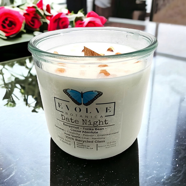 Evolve Botanica Rocks Candle - Date Night (Wood Wick Rose Quartz & Carnelian Gemstone Soy Candle)