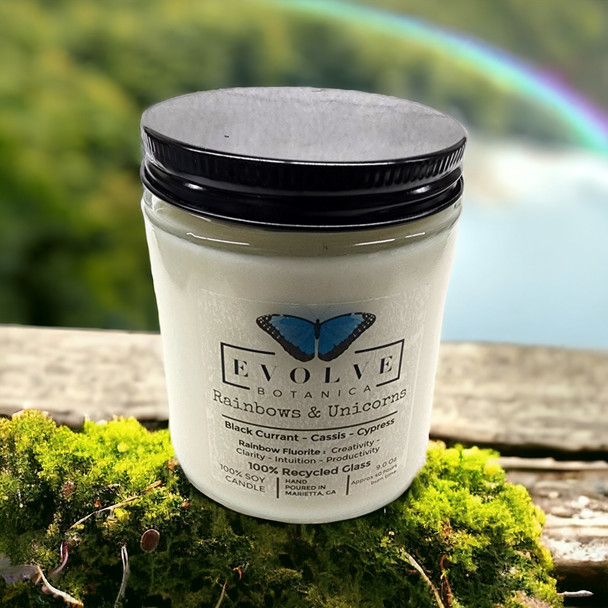 Wood Wick Crystal Soy Candle - Rainbows & Unicorns (Fluorite) Evolve Botanica