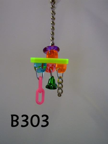 wonderful small  bird toy. Has all the element the small bid craves ; a bell , two kinds of chain, a small shape that slides and lots of shiny