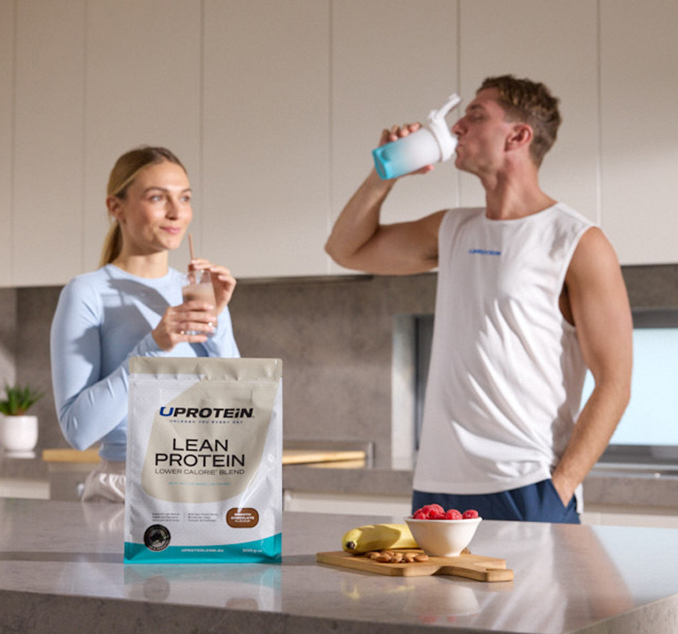 Lean Protein in a kitchen and drinking protein shake
