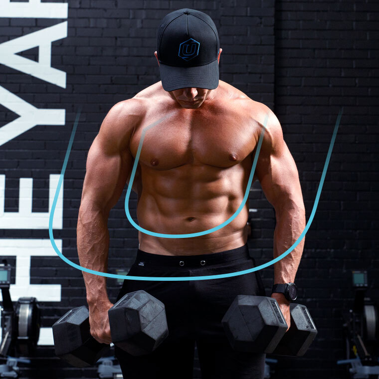 Man with mass muscle holding weights in the gym