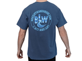 Back of Boat Lift Warehouse indigo blue round logo t-shirts