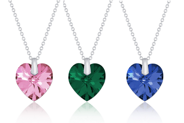 12 pcs Heart Necklaces  Made w/Swarovski Elements- Emerald, Rose & Indigo Blue