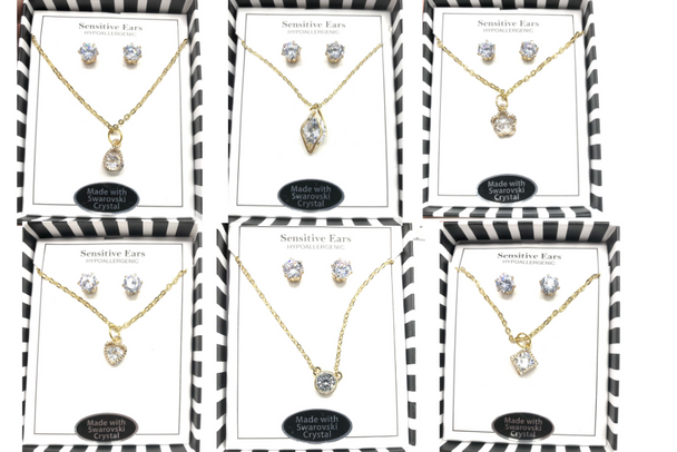 6 Necklace & Earring Sets made with Swarovski Elements in Gift Box-  6 styles shown - Choice Gold or Silver 