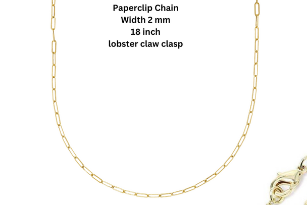 Paperclip Chain Necklace  18 inches Long  2mm wide-    14 kt Gold Plated in USA