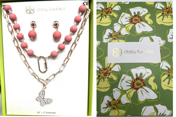 Daisy Fuentes Multi Chain Butterfly  Necklace & Earring Set- Beautifully Boxed