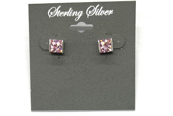 Sterling  Silver .925 Princess Cut Pink Cubic Zirconia Earrings  7MM 
