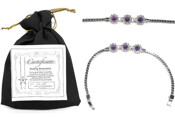 Genuine  Amethyst 3 Stone Bracelet - w/ Gemologist Certificate Pouched 