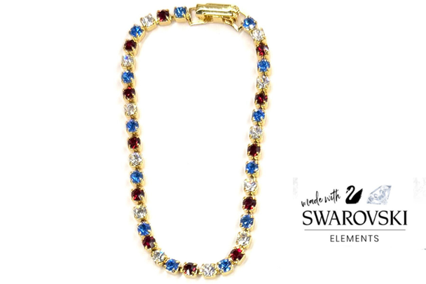  Tennis Bracelet  Red -White & Blue made with Swarovski Elements- Gold Overlay