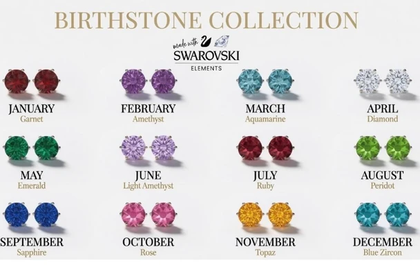 12 Pair Birthstone Stud Earrings Swarovski Elements Jewelry- (8 mm each stone)Your Choice of Sterling Silver or Gold Overlay