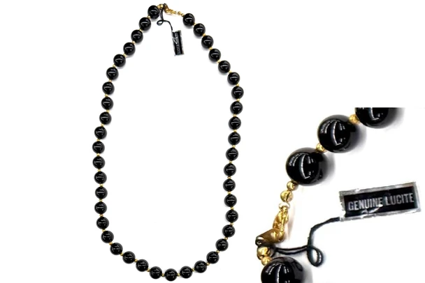 12 Vintage Genuine Lucite Black and Gold Beaded Necklaces- 24 inches long -Made in 1980's - Deadstock