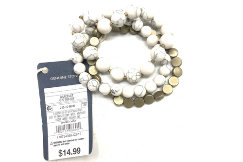 White Matte Agate Stone Bead Bracelet with Bronze Spacers- 10mm