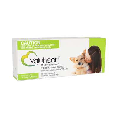 Valuheart Green Monthly Heartworm Tablets for Medium Dogs 11-20kg (6 tablets)