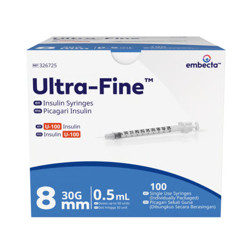 BD Ultra-Fine 30G 8mm Insulin Syringes 0.5ml 100IU/ml 326725 (100 pack)