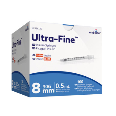 BD Ultra-Fine 30G 8mm Insulin Syringes 0.5ml 100IU/ml 326725 (100 pack)