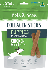 Bell & Bone Collagen Chew Sticks for Puppies & Small Dogs - Chicken & Blueberries (100g) - Front of Pack