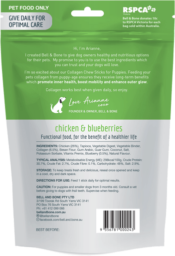 Bell & Bone Collagen Chew Sticks for Puppies & Small Dogs - Chicken & Blueberries (100g) - Back of Pack