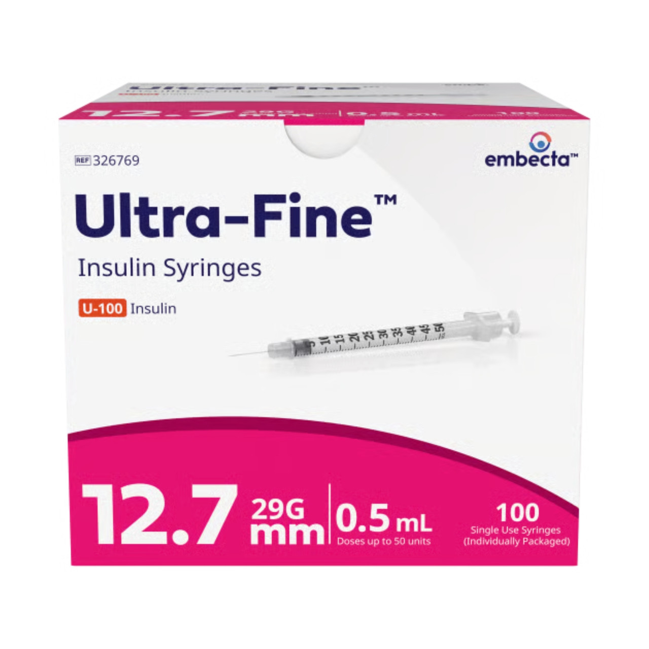 BD Ultra-Fine 29G Insulin Syringes 0.5ml 100IU/ml 326769 (100 pack)