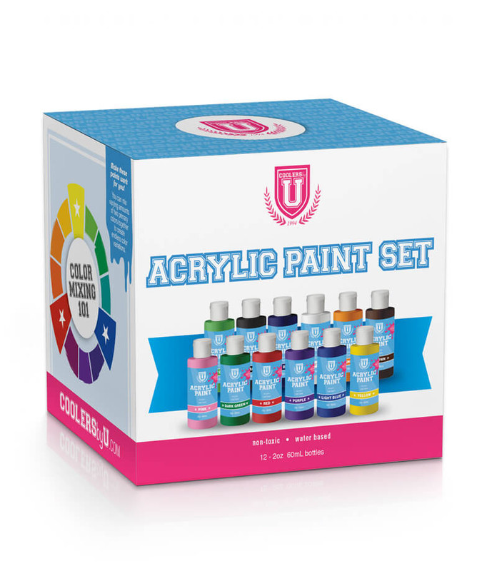 COOLERSbyU 12 piece paint set is the perfect paint set for painting coolers. The set features 12 2oz bottles of high quality artist paints.