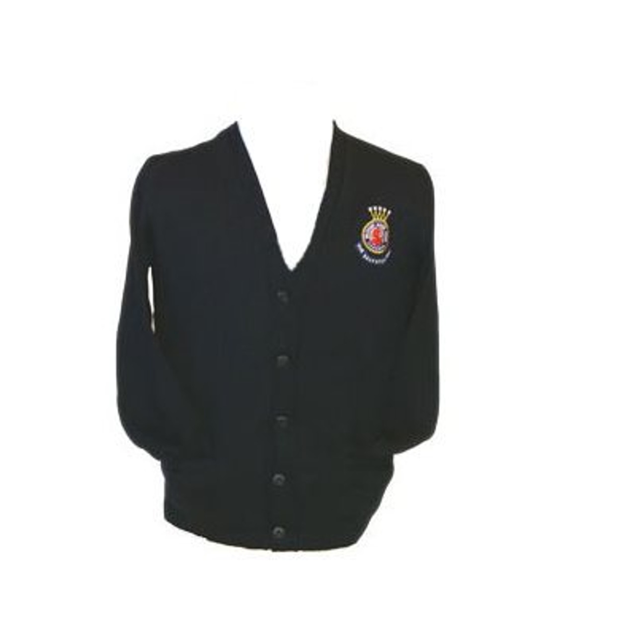 Navy Blue Unisex Cardigan Sweater With Crest Embroidery - The