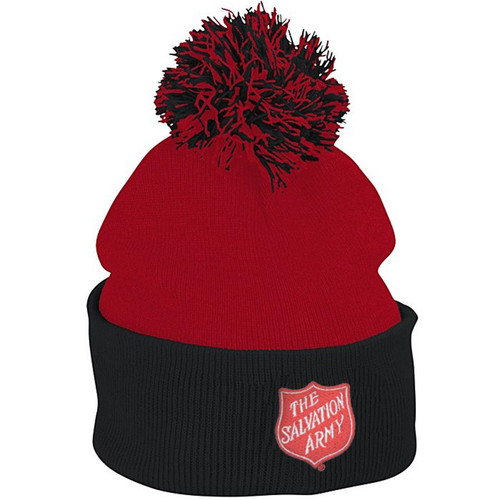 Pom-Pom Red and Black Winter Hat with Shield Embroidery